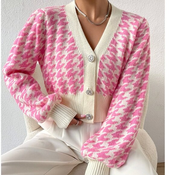 New to Posh C 🔆| Euro Style Houndstooth Pattern Lantern Sleeve Cardigan - Picture 5 of 8